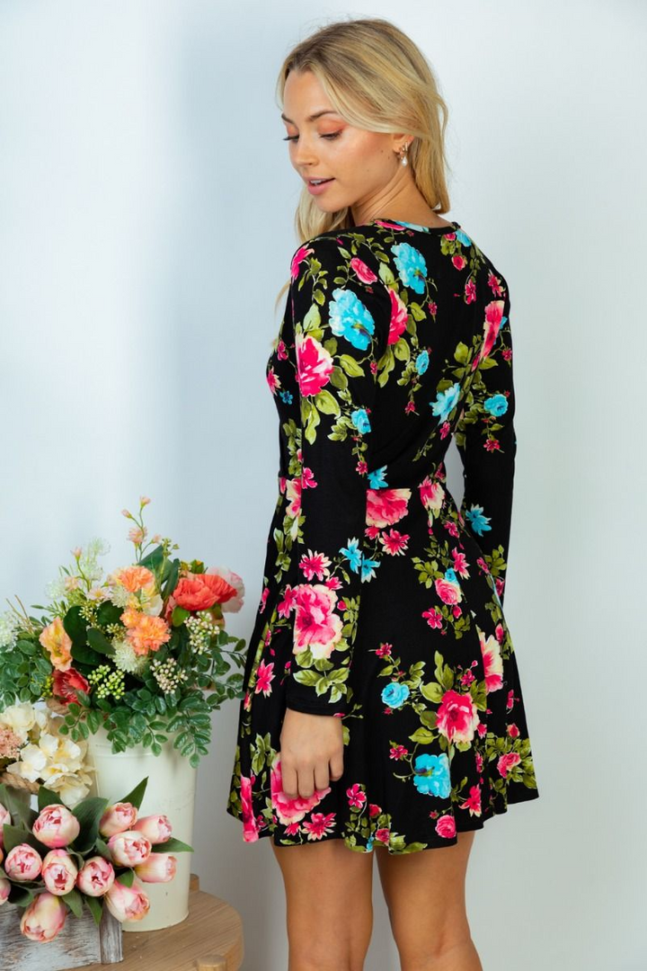 White Birch - Long Sleeve Floral Surplice Front Dress