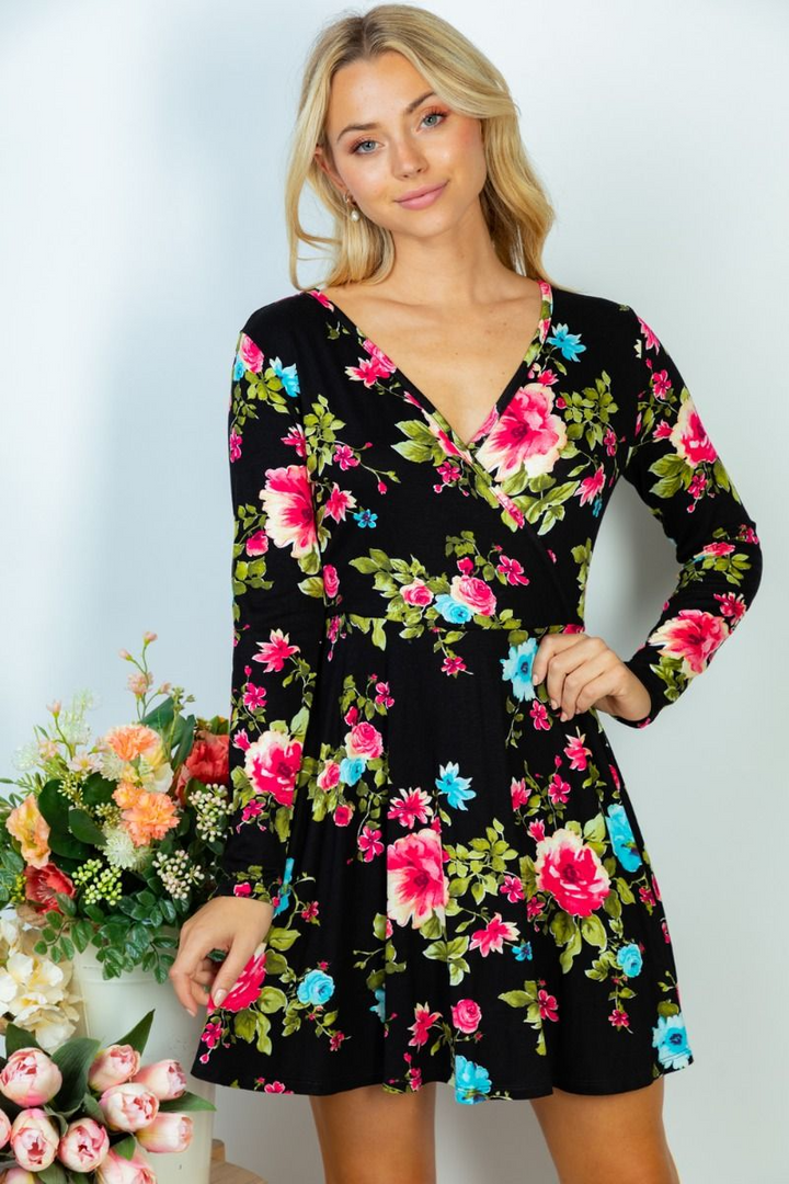 White Birch - Long Sleeve Floral Surplice Front Dress