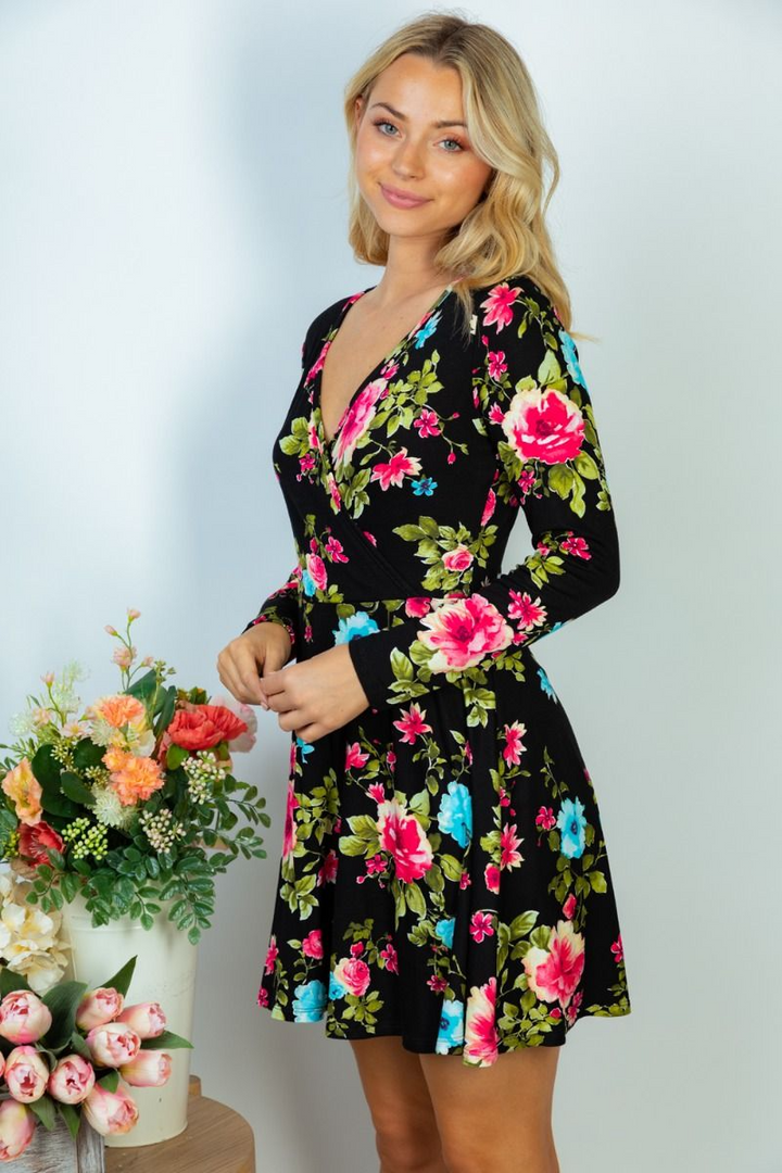 White Birch - Long Sleeve Floral Surplice Front Dress