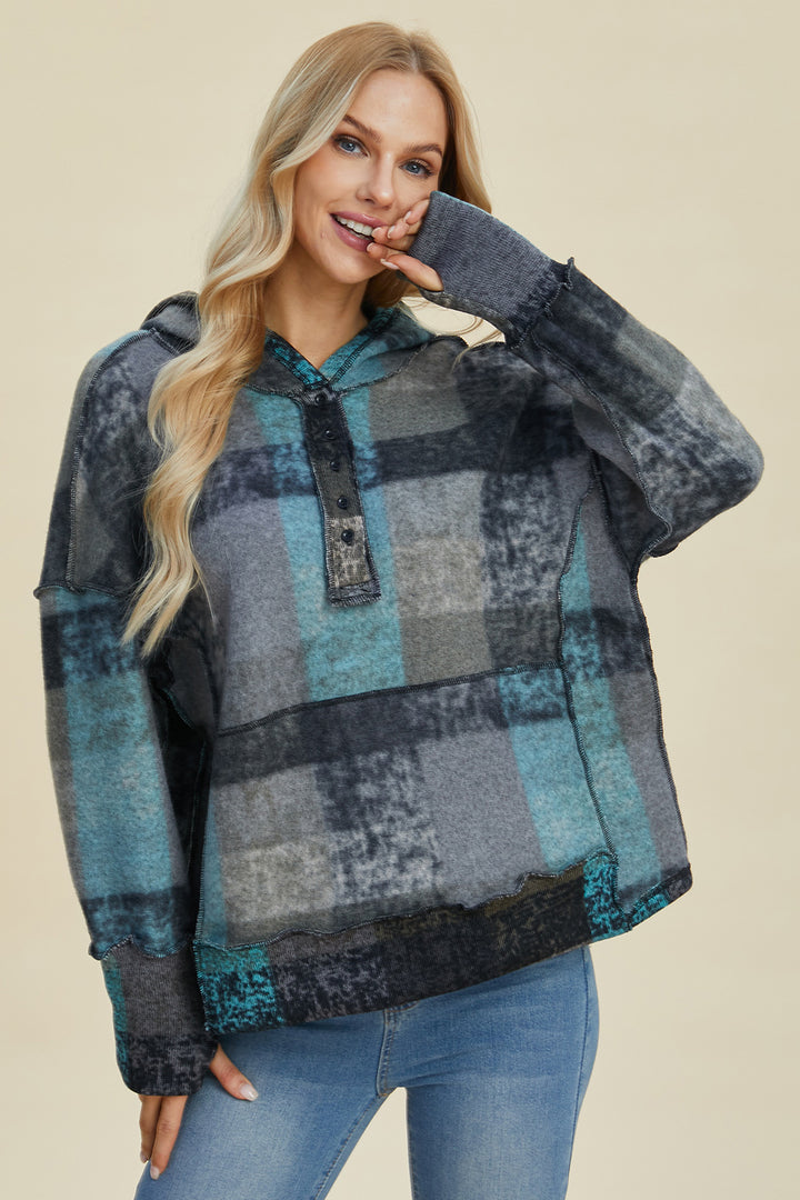 The Bouncing Doodle Plaid Dropped Shoulder Hoodie