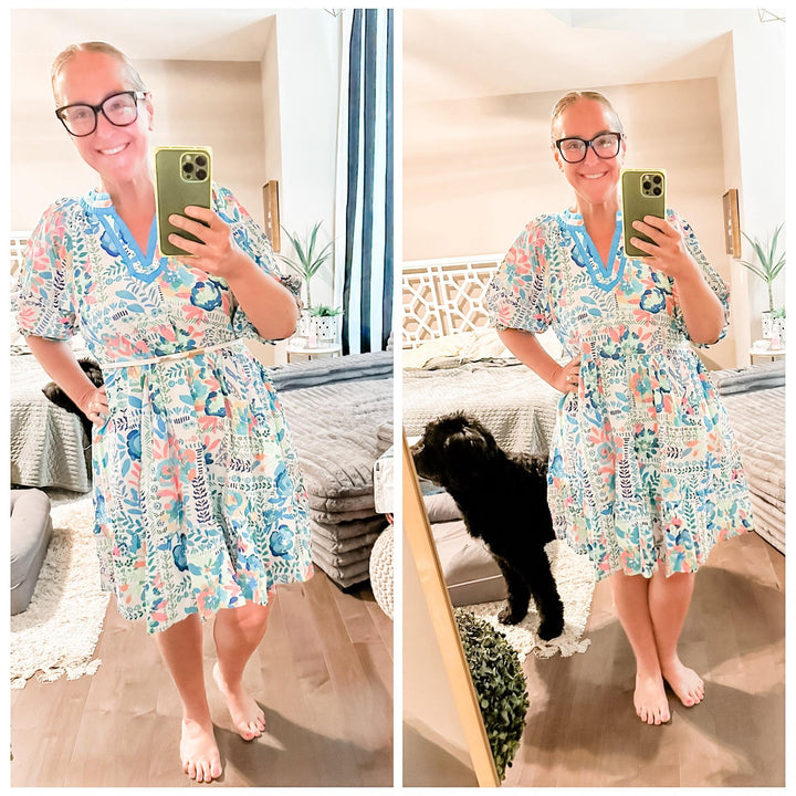 Umgee Mix Botanical Print Puff Sleeve Tiered Dress