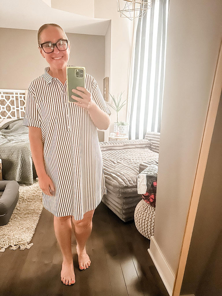 Zenana Stripe Collared Half Button Up T-Shirts Dress