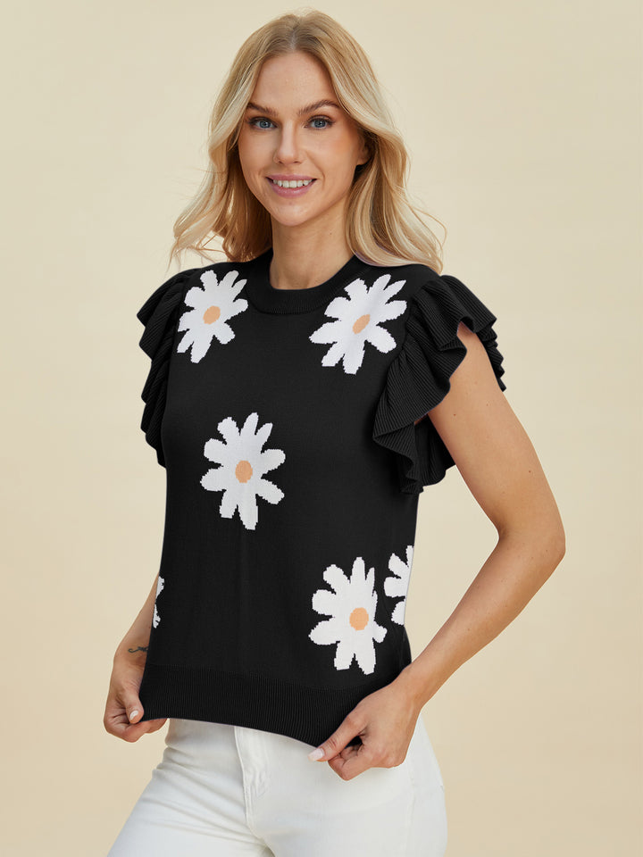 The Bouncing Doodle Ruffled Flower Round Neck Cap Sleeve Sweater
