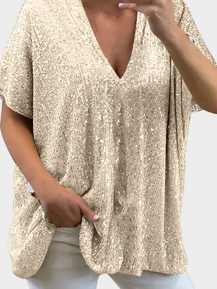 Bouncing Doodle Sequin V-Neck Short Sleeve Top