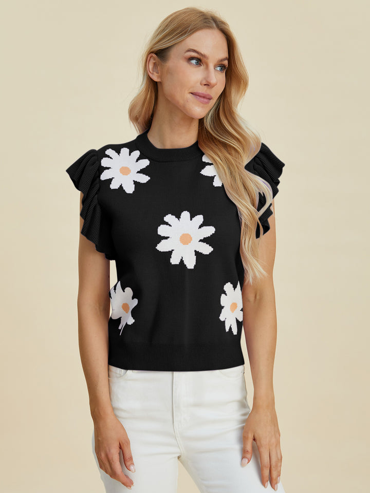 The Bouncing Doodle Ruffled Flower Round Neck Cap Sleeve Sweater