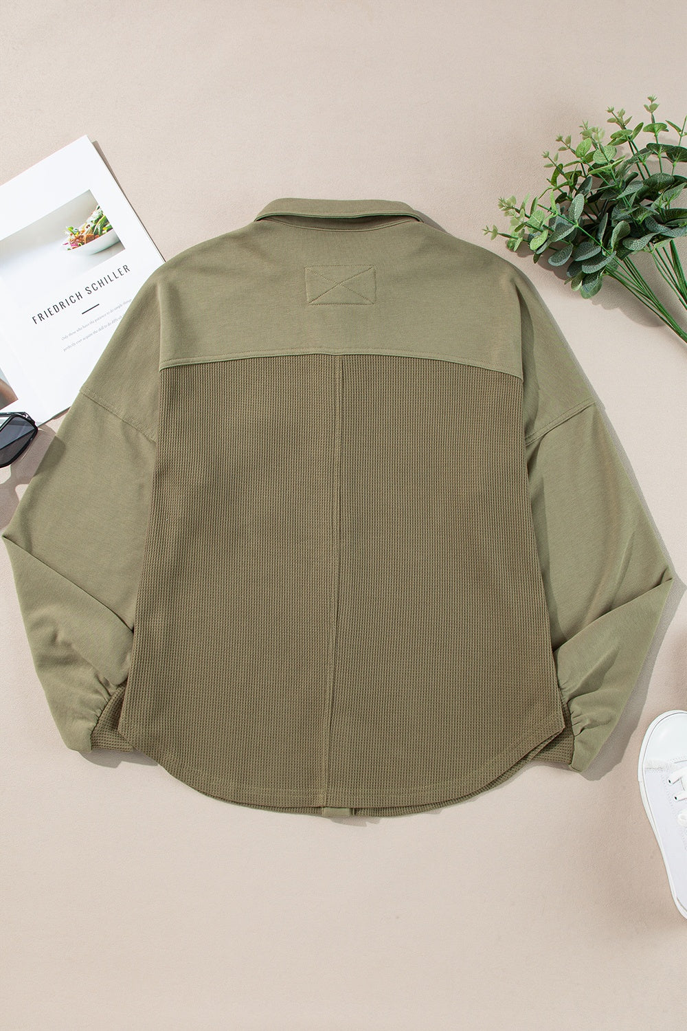 The Bouncing Doodle Waffle-Knit Collared Neck Long Sleeve Shacket