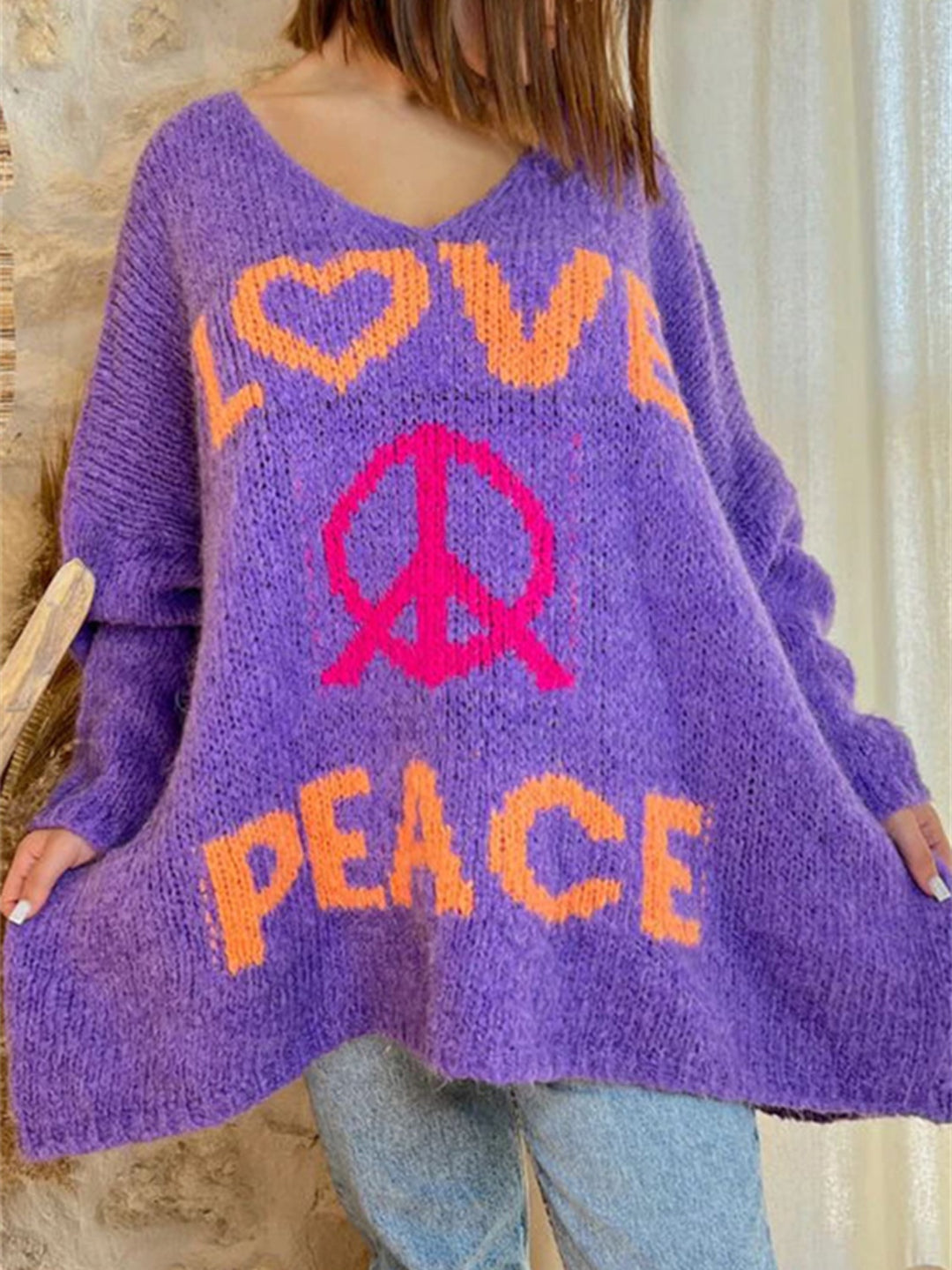 Bouncing Doodle Peace Graphic V-Neck Long Sleeve Sweater