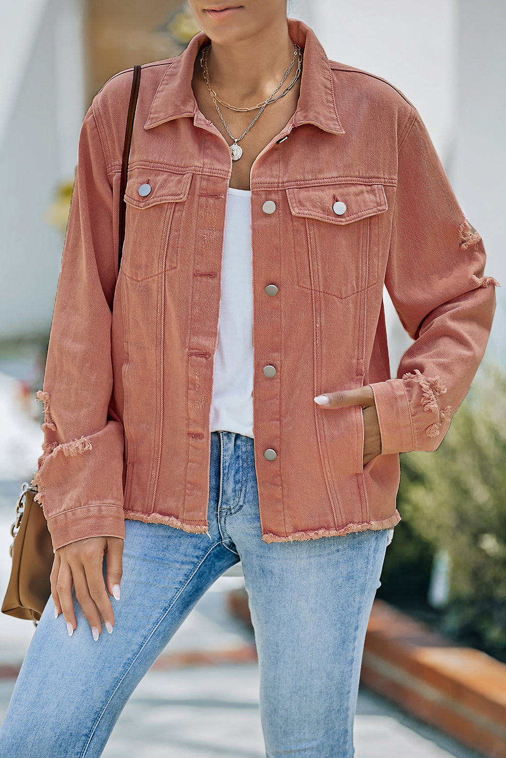 Bouncing Doodle Distressed Raw Hem Denim Jacket