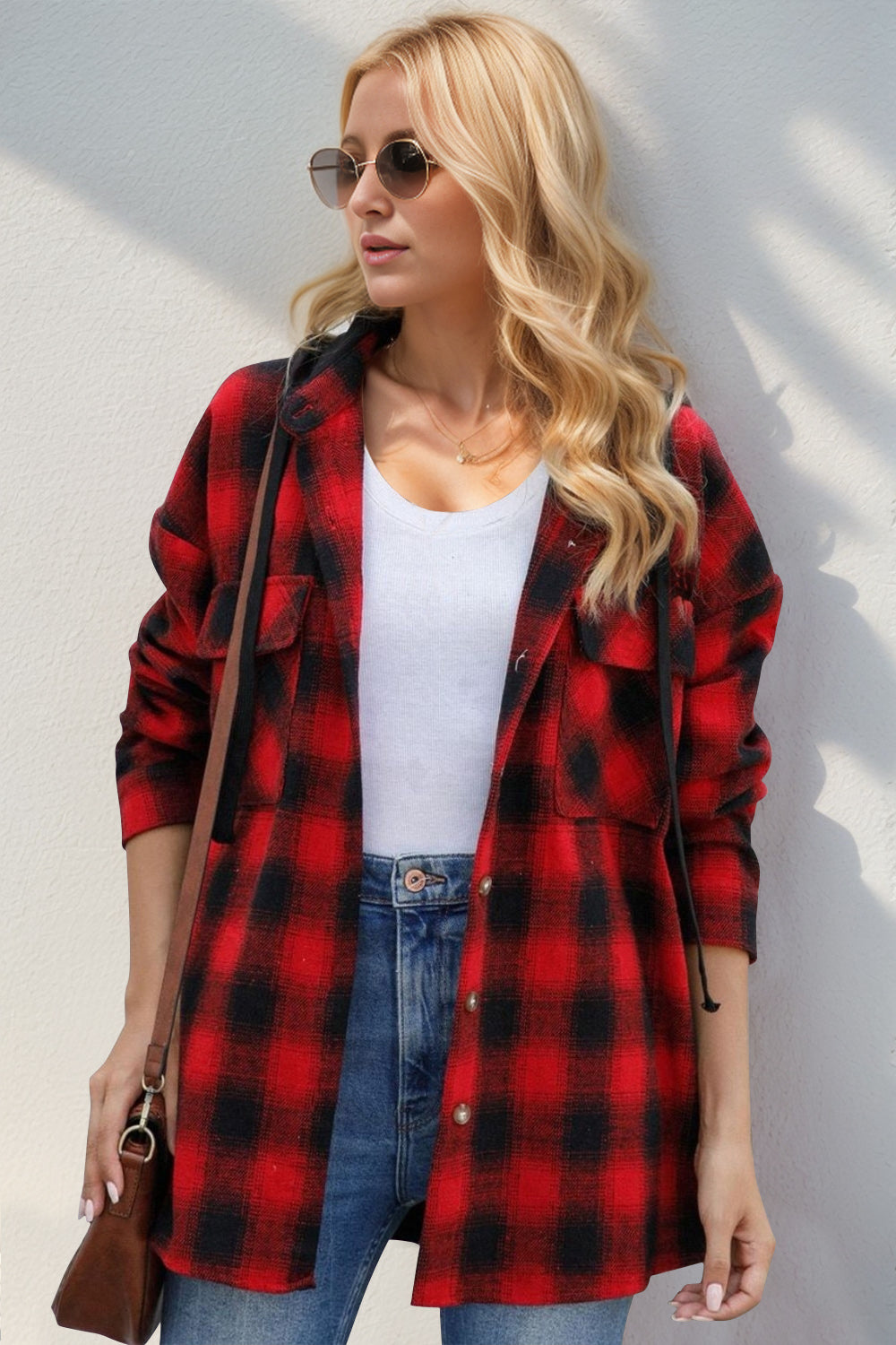 The Bouncing Doodle Drawstring Plaid Long Sleeve Hooded Shacket