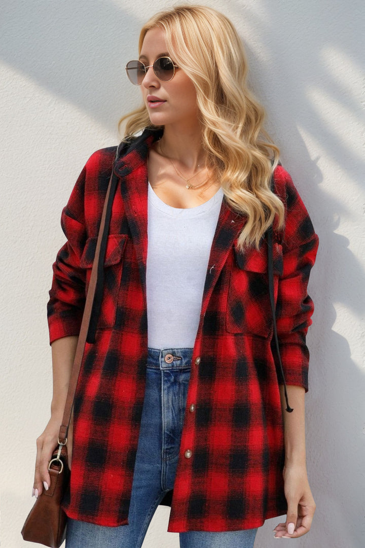 The Bouncing Doodle Drawstring Plaid Long Sleeve Hooded Shacket
