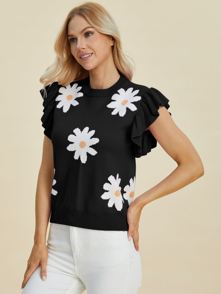 The Bouncing Doodle Ruffled Flower Round Neck Cap Sleeve Sweater