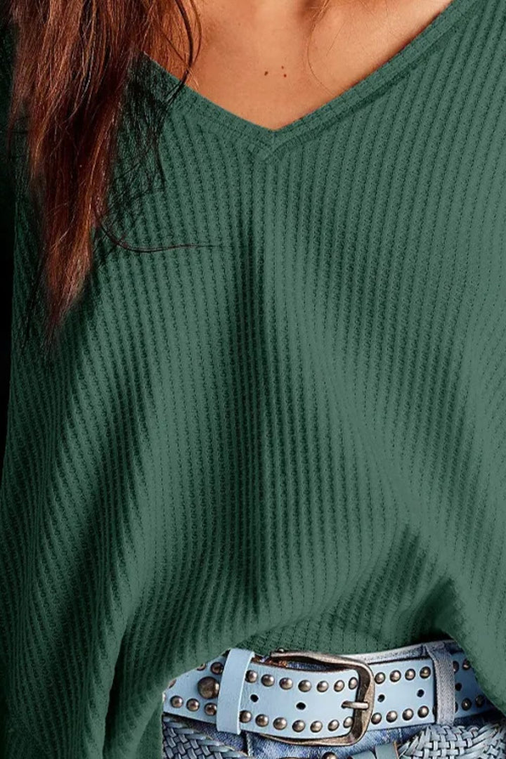 The Bouncing Doodle Waffle-Knit V-Neck Long Sleeve Top