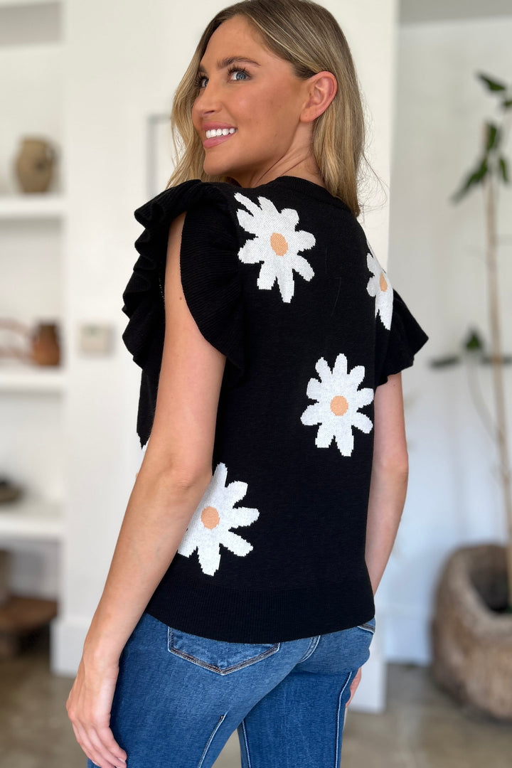 The Bouncing Doodle Ruffled Flower Round Neck Cap Sleeve Sweater