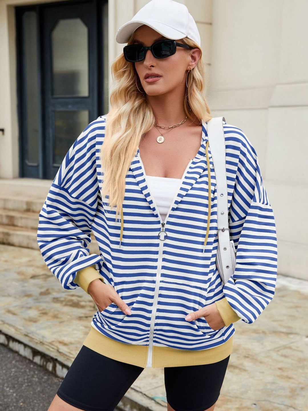 The Bouncing Doodle Drawstring Striped Zip Up Long Sleeve Hoodie