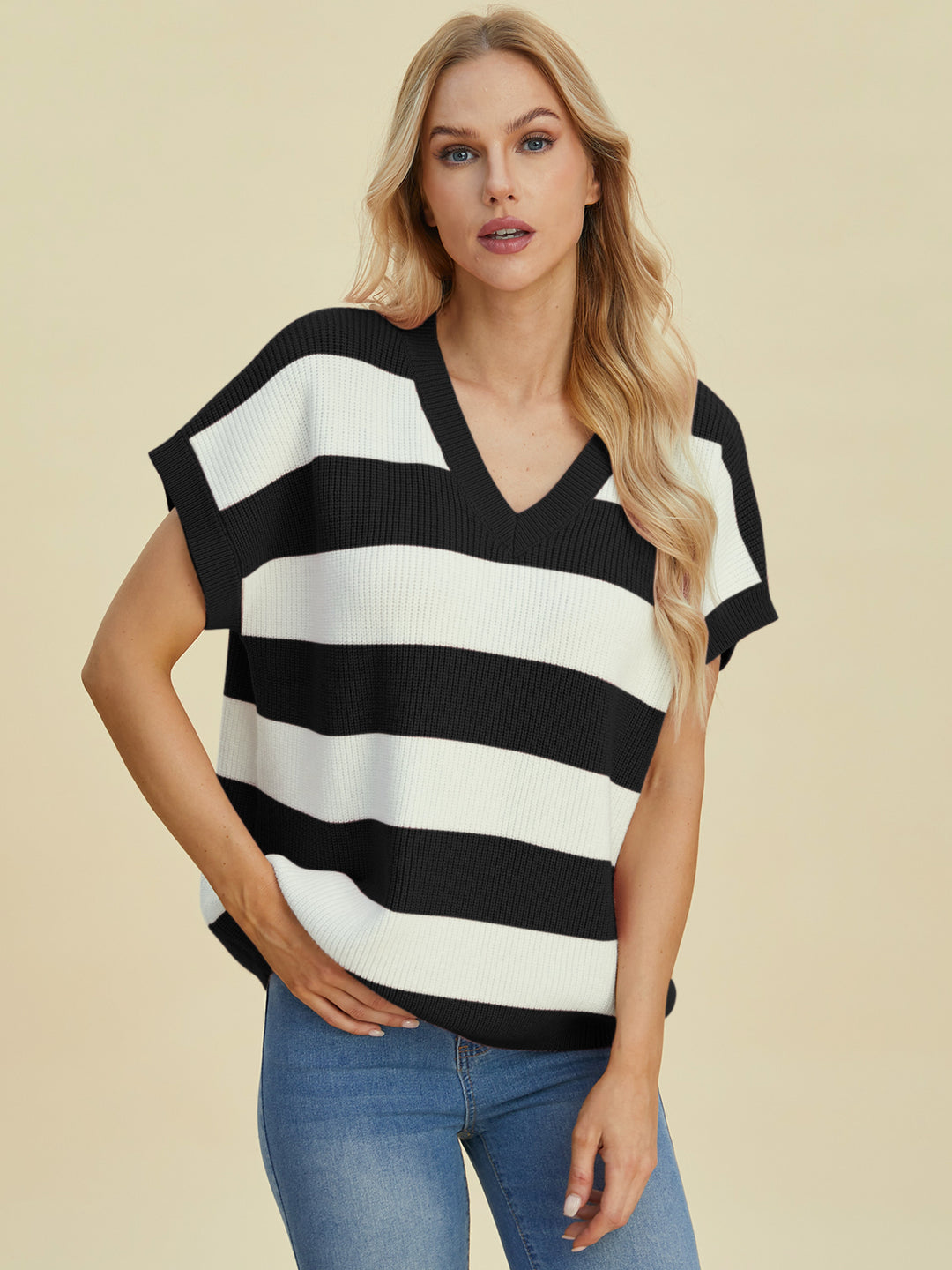 The Bouncing Doodle Striped V-Neck Short Sleeve Sweater