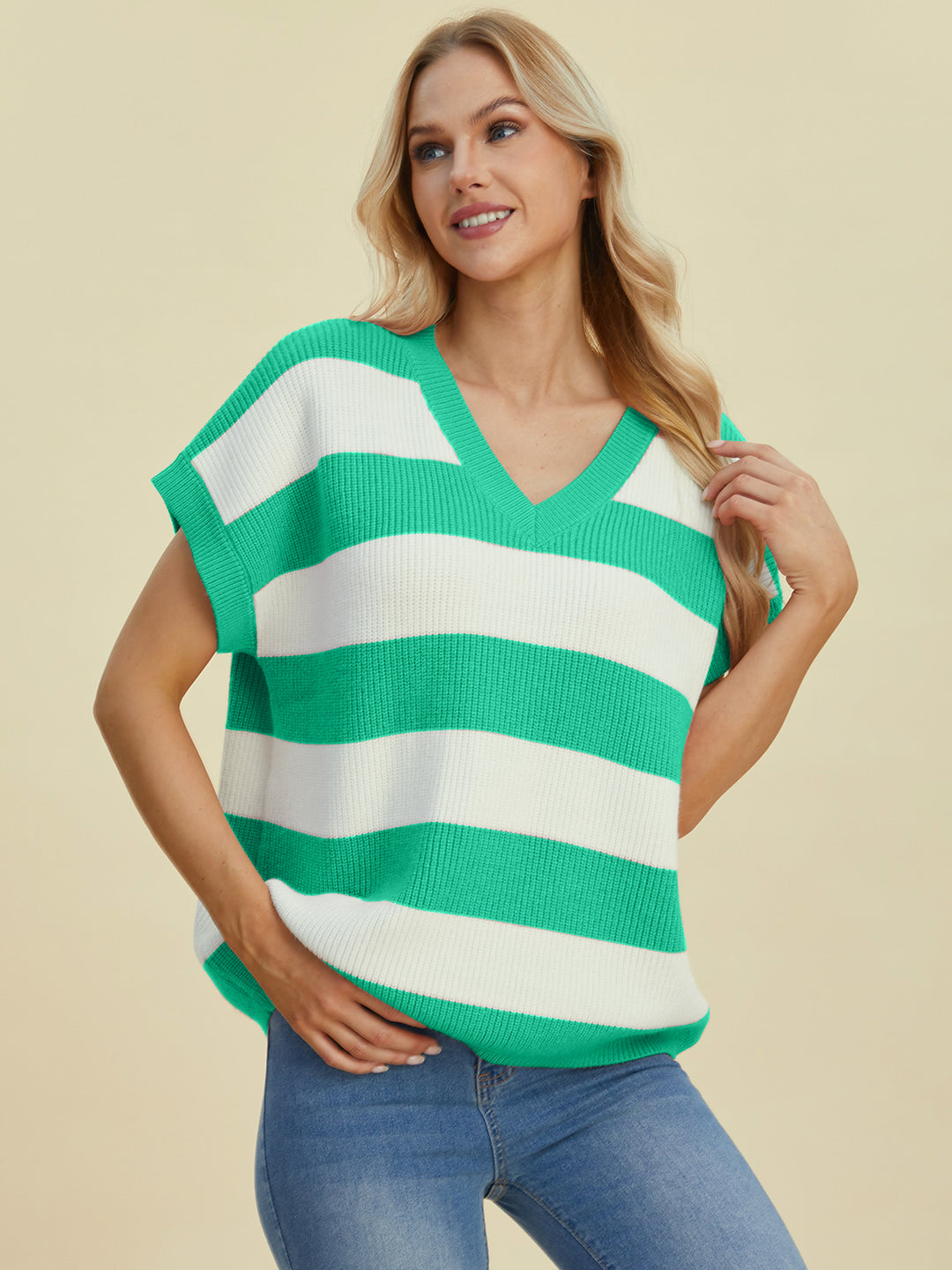 The Bouncing Doodle Striped V-Neck Short Sleeve Sweater