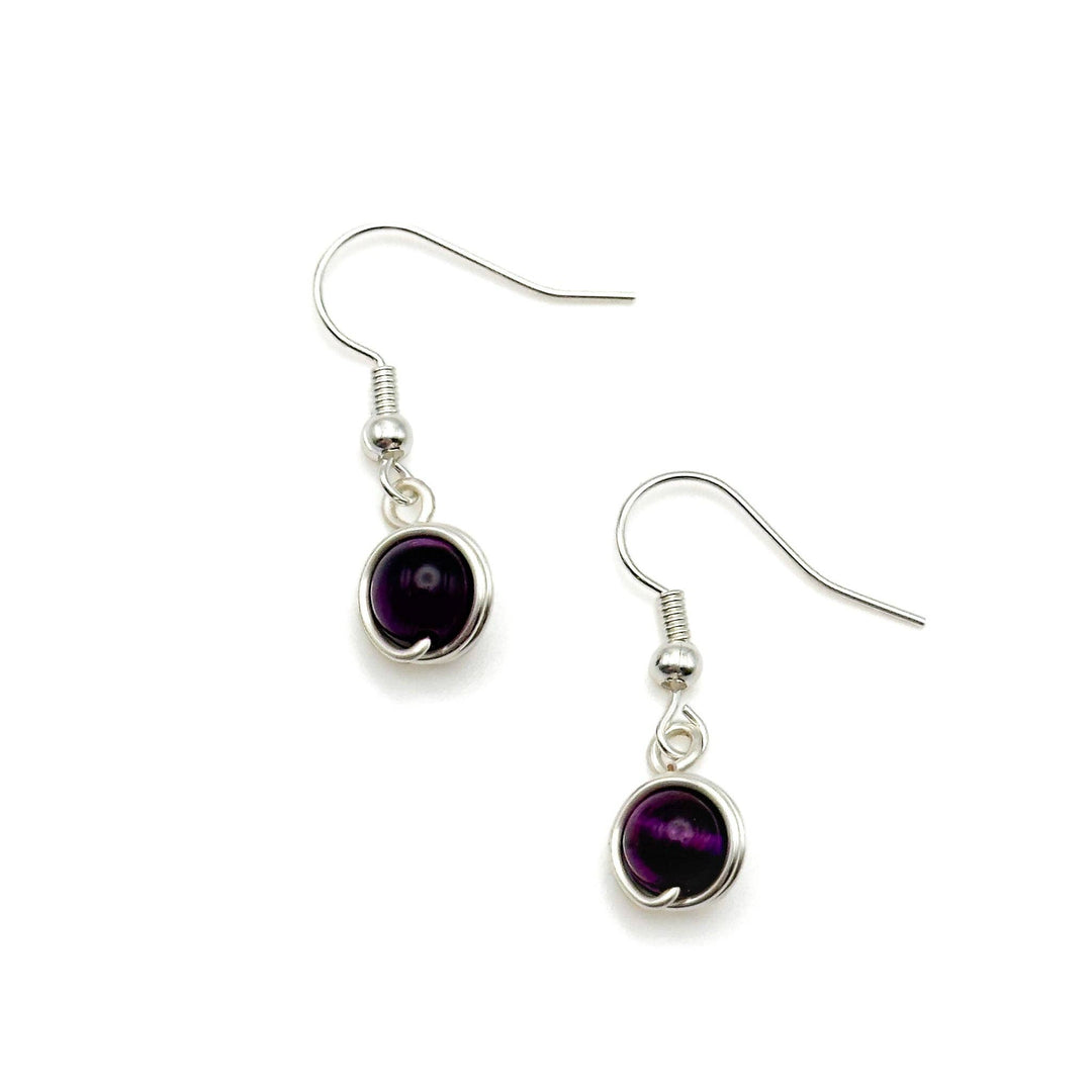 Damsel purple tigers eye and silver fishhook earrings