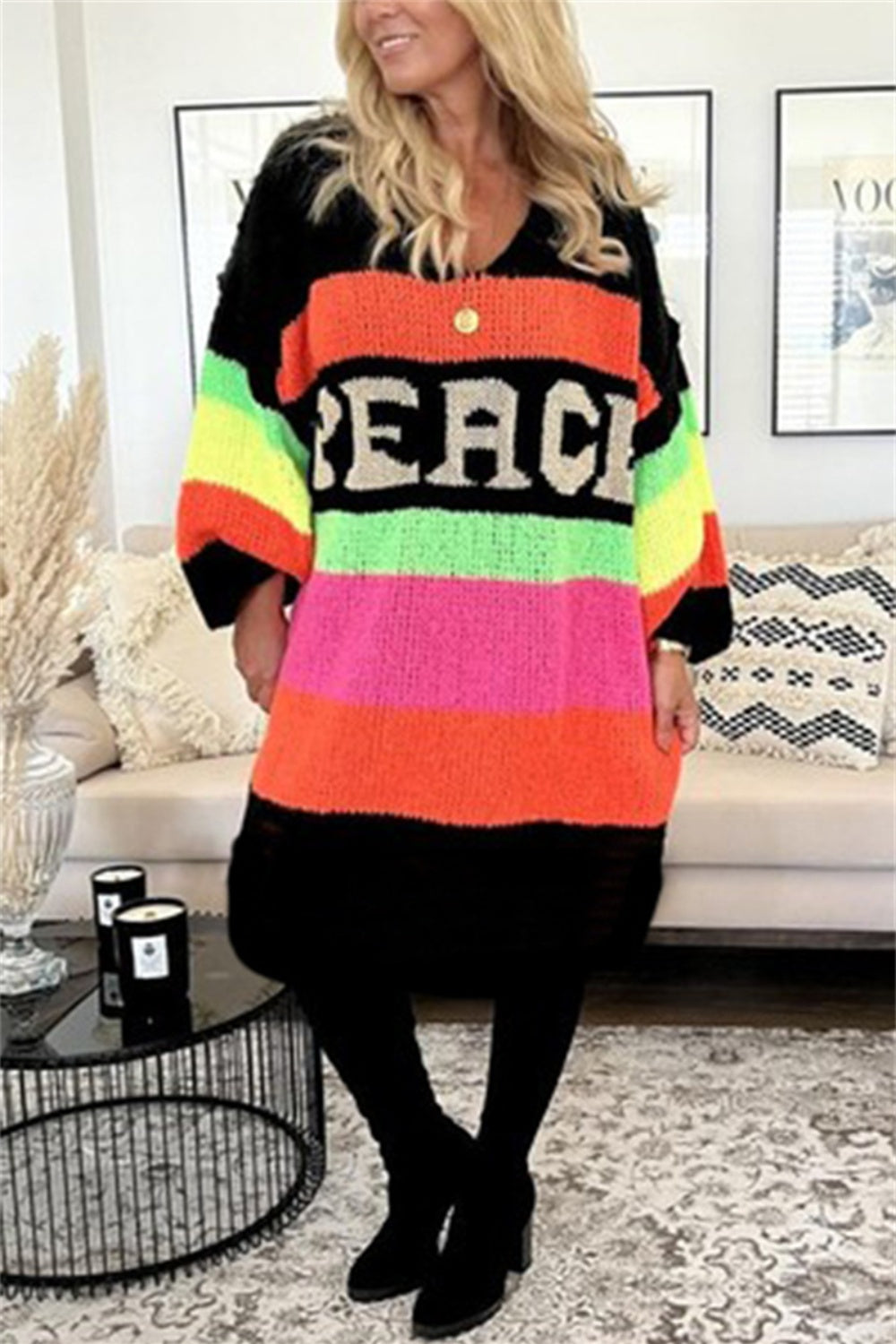Bouncing Doodle Color Block V-Neck Long Sleeve Sweater Dress