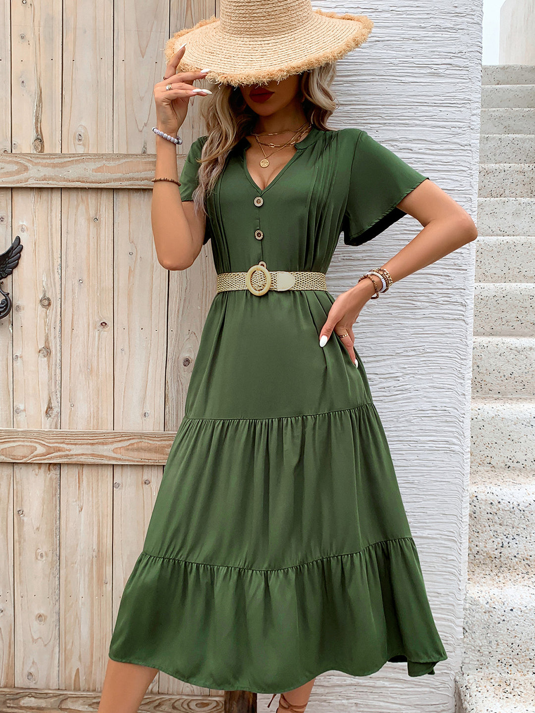 Bouncing Doodle Tiered Notched Short Sleeve Midi Dress