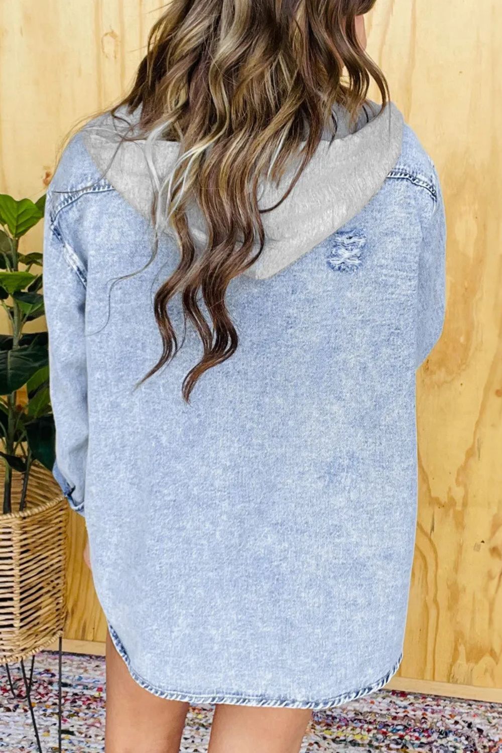 Bouncing Doodle Distressed Button Up Long Sleeve Denim Jacket