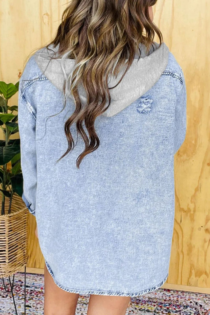 Bouncing Doodle Distressed Button Up Long Sleeve Denim Jacket
