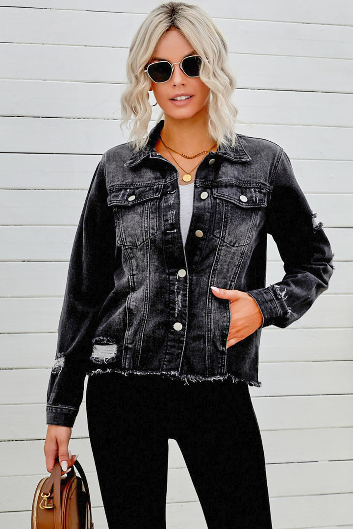Bouncing Doodle Distressed Raw Hem Denim Jacket