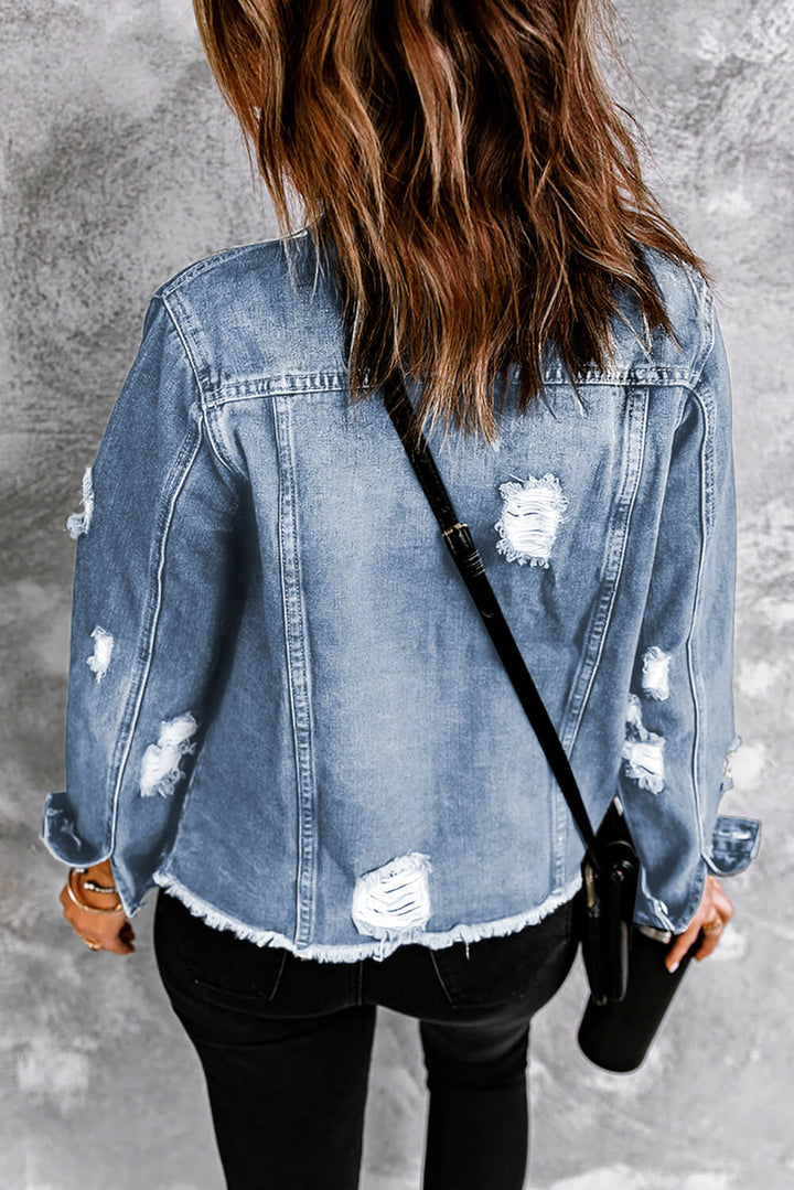 Bouncing Doodle Distressed Raw Hem Denim Jacket