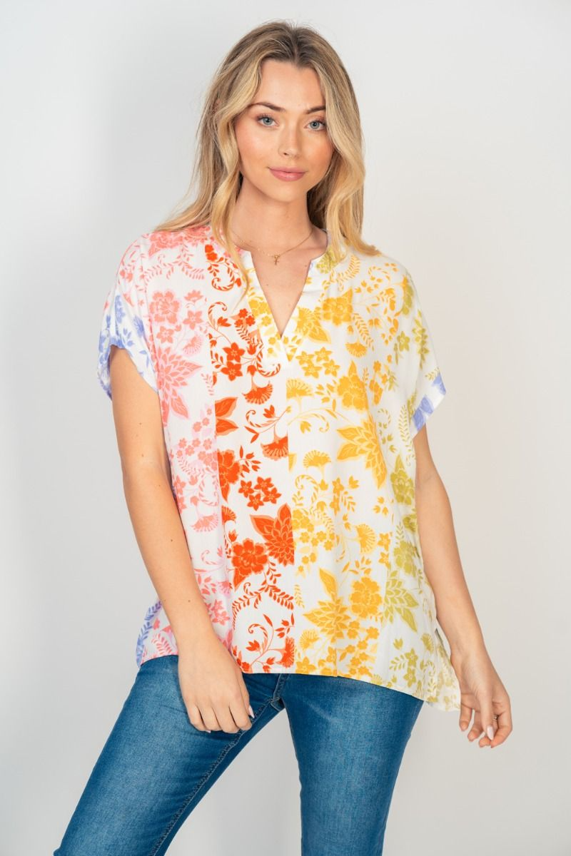 White Birch - Floral Print Notched Neckline Top