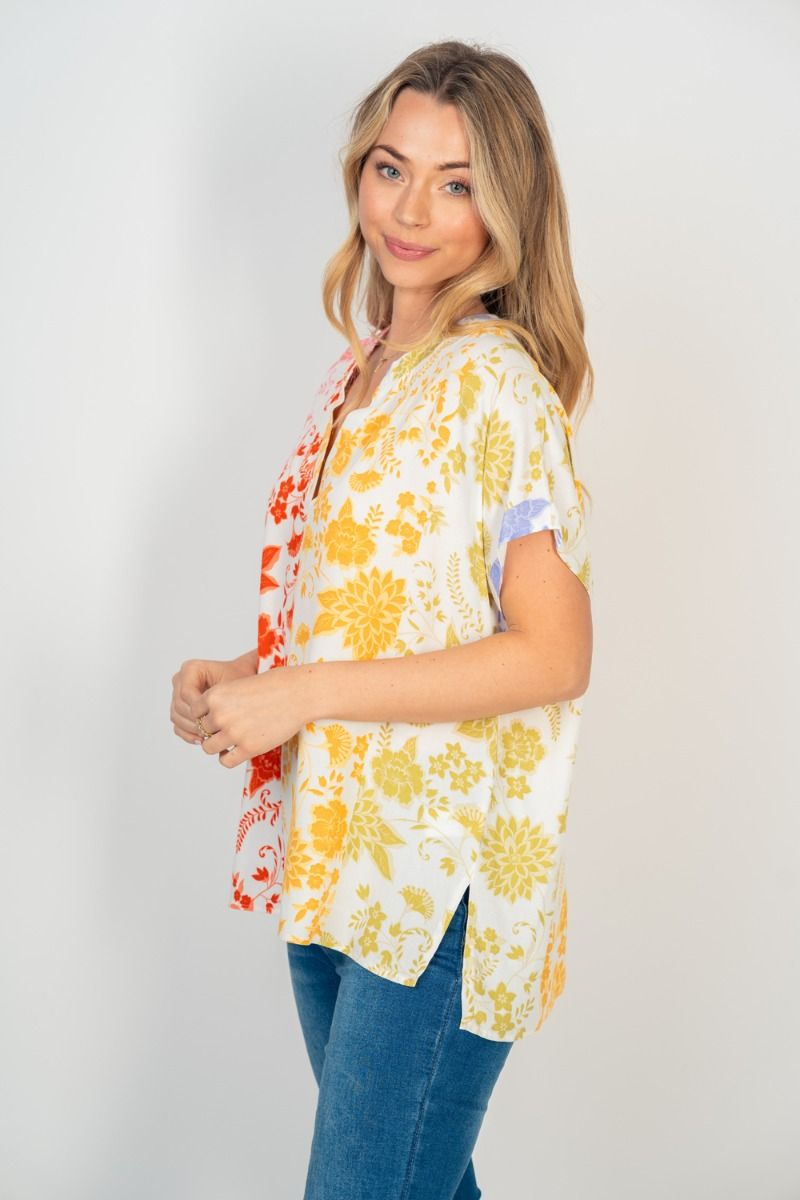 White Birch - Floral Print Notched Neckline Top