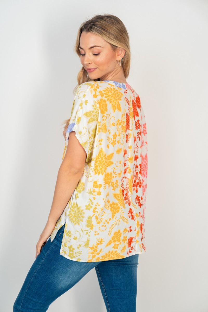 White Birch - Floral Print Notched Neckline Top