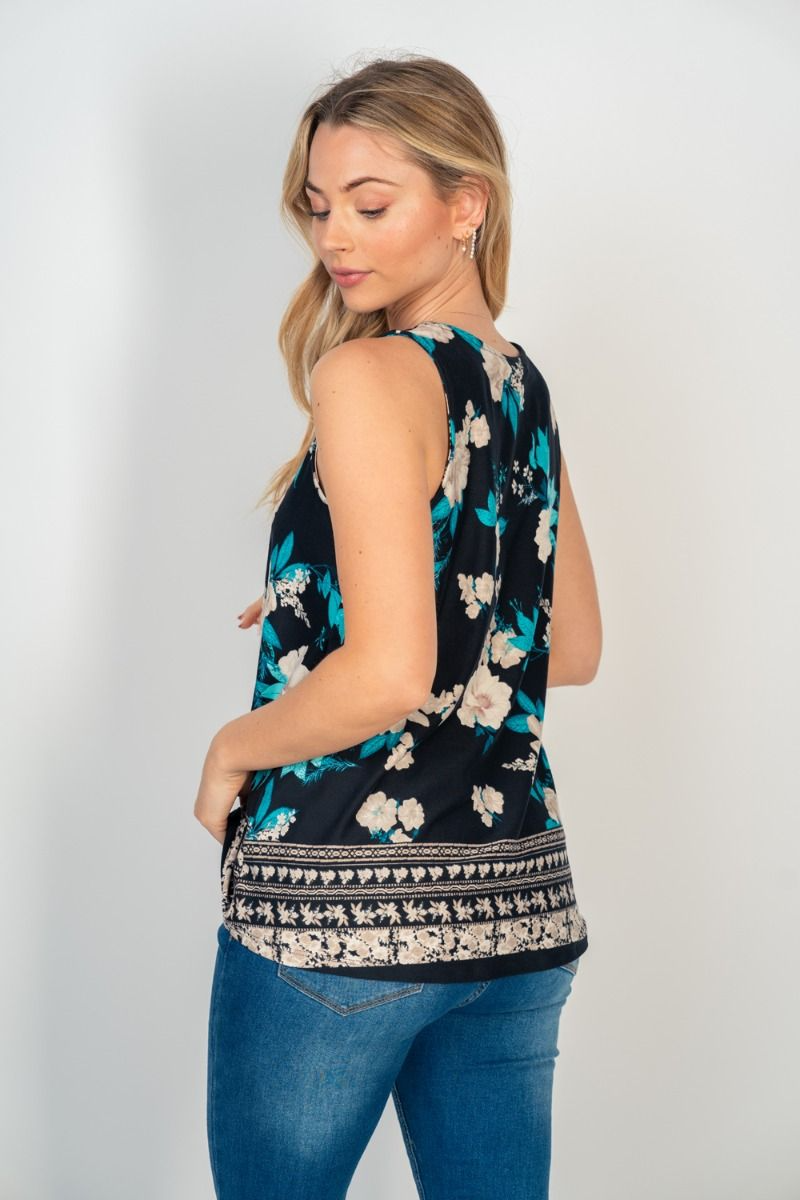 White Birch - Sleeveless Floral Print V-Neck Top