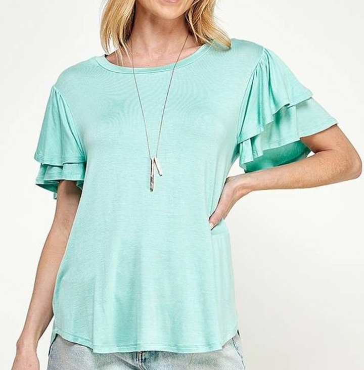 Culture Code - Round Neck Relaxed Fit Ruffle Sleeve Top