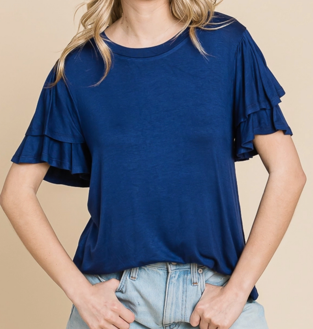 Culture Code - Round Neck Relaxed Fit Ruffle Sleeve Top