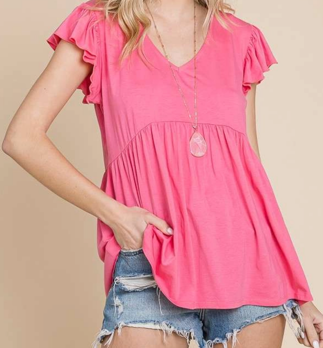 Culture Code - V Neck Ruffle Sleeve Babydoll Top