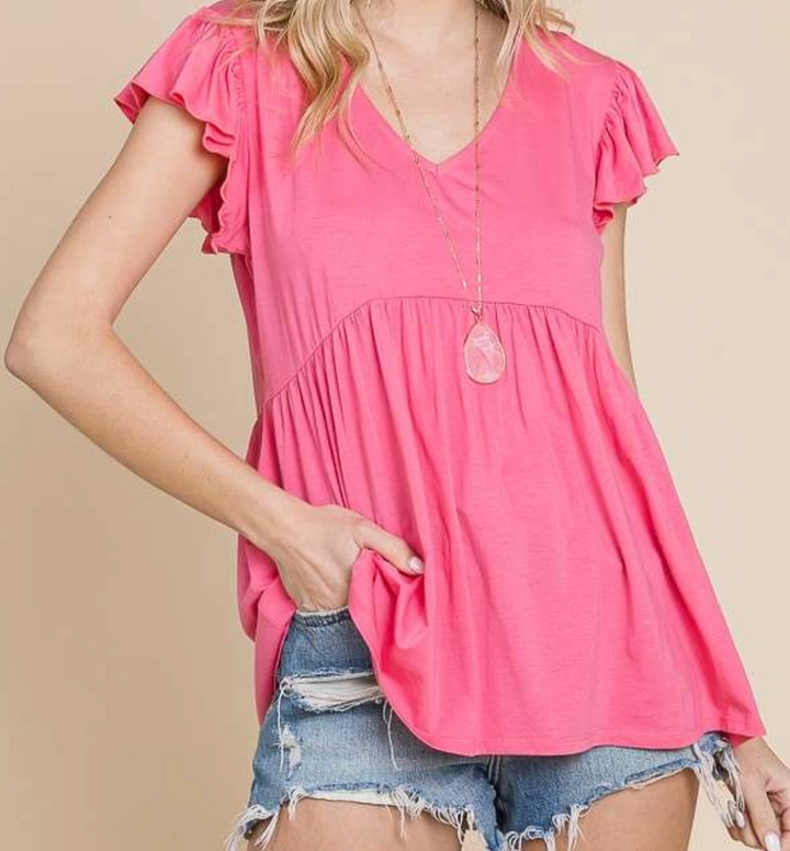 Culture Code - V Neck Ruffle Sleeve Babydoll Top